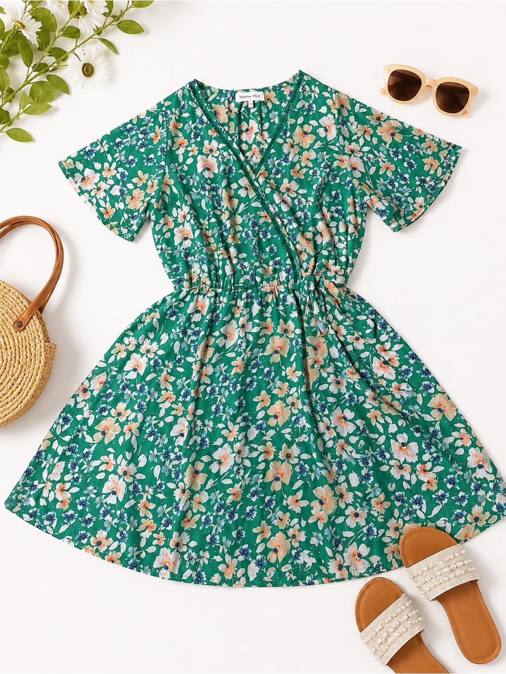 Beautiful Sienna Sky Green Floral Faux Wrap
Mini Dress